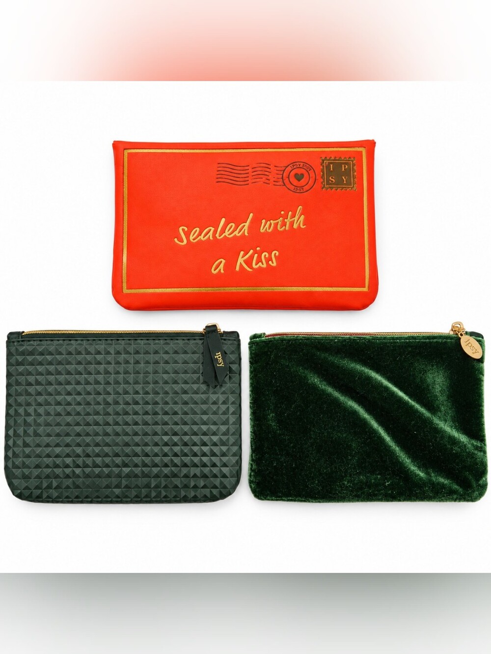 IPSY Glam Bag Lot of 3 Green Velvet Geometric Red Envelope Makeup Pouches